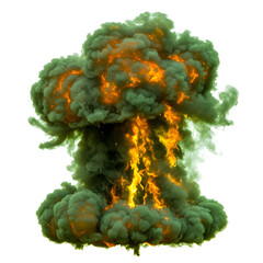 Chemical explosion with bright green and yellow flames, releasing a thick, toxic greenish-black smoke, isolated on transparent background, png