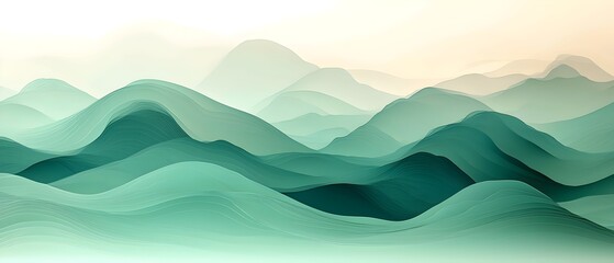 A serene landscape of soft, undulating teal hills creates a calming atmosphere, evoking a sense of tranquility and harmony with nature.