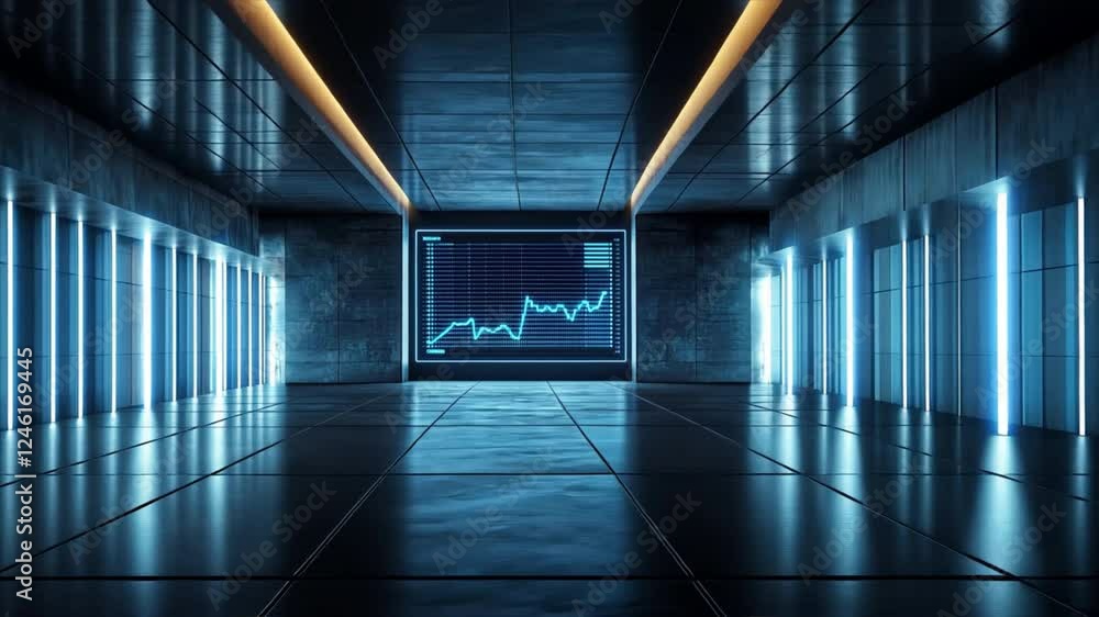 Poster futuristic room with blue lights showcasing financial data analysis on large screen, emphasizing mod