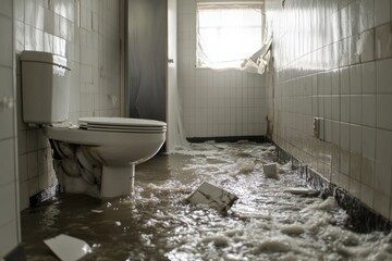 Broken toilet causes severe flooding in small bathroom during daytime hours. Generative AI