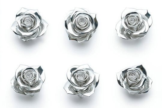 Elegant silver roses arranged beautifully, showcasing intricate metallic petals. isolated on white background.