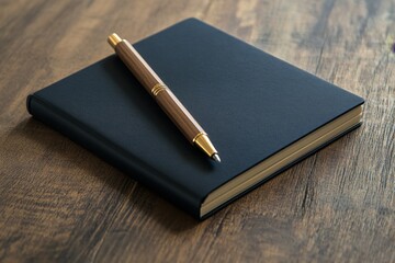 Elegant Dark Blue Notebook and Pen on Wooden Desk