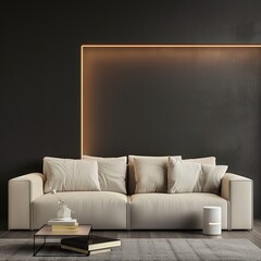 Modern living room interior with a beige sofa. a coffee table. and a rug against a dark wall with a glowing LED light frame