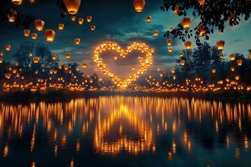 Sky Lanterns Form Heart Shape Over Calm Water