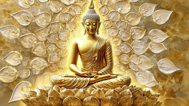 Golden Buddha in Meditation: A serene golden Buddha statue sits in the lotus position, surrounded by embossed golden leaves, radiating peace and enlightenment.