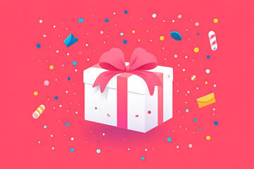 Fototapeta premium A festive gift box with a pink ribbon surrounded by colorful confetti and decorations.
