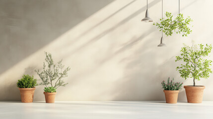 A minimalist-designed interior with a sleek white floor and a neutral, subtly textured wall, complemented by an organic arrangement of small potted plants in earthy terracotta pots