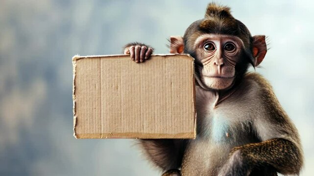 A monkey holding a blank cardboard sign, looking curiously at the viewer against a soft background.

