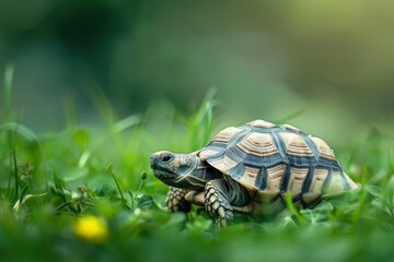 Obraz premium Turtle walking through lush foliage with a colorful shell in a vibrant natural habitat in the afternoon light
