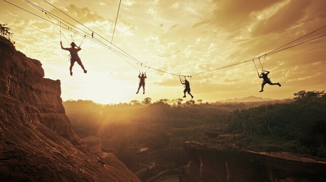 Three adventurers ziplining across a canyon at sunset.