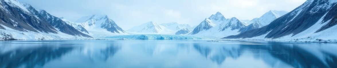 Snowy mountain peaks reflected in the glacier's icy surface, nature, serene