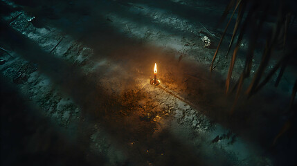 Obraz premium A single candle burning in the dark with shadows stretching across the floor, symbolizing guidance
