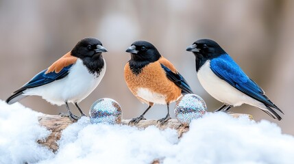 Three colorful birds on snowy branch, winter scene, wildlife photography, nature stock image