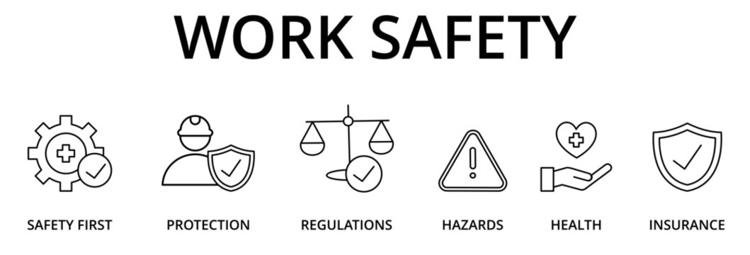 Banner work safety concept, hazards, protections, health and regulations with keywords and icons