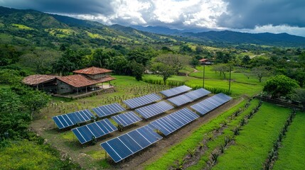 Aerial view of rural solar panels.