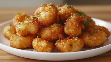 A plate of golden, crispy fried snacks garnished with herbs.