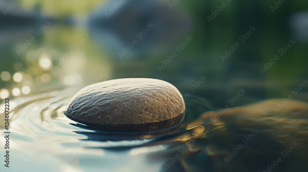 Aufkleber close-up macro shot of pebble partially submerged in calm river water with gentle ripples