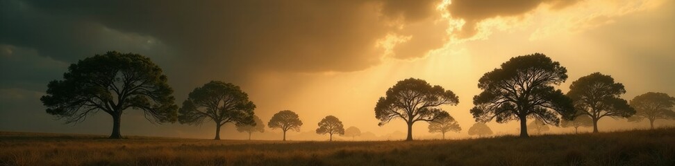 Fototapeta premium Tall trees swaying in the wind under a dark brown stormy sky with beige clouds, atmosphere, weather