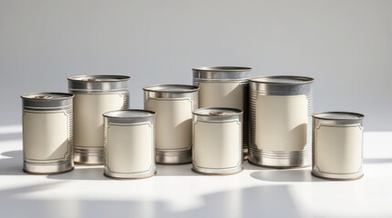 aluminum cans of instant packaging set lined up with a white background