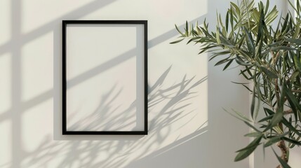 Blank black picture frame hanging on a white wall with a plant and window light