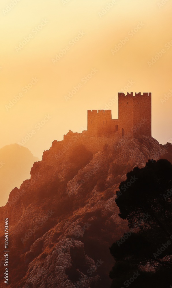 Poster ancient castle stands majestically on a hilltop during golden hour with ample space for welcoming te
