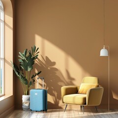 A blue suitcase sits beside a yellow armchair in a minimalistic room with a large window and a potted plant. ready for a trip