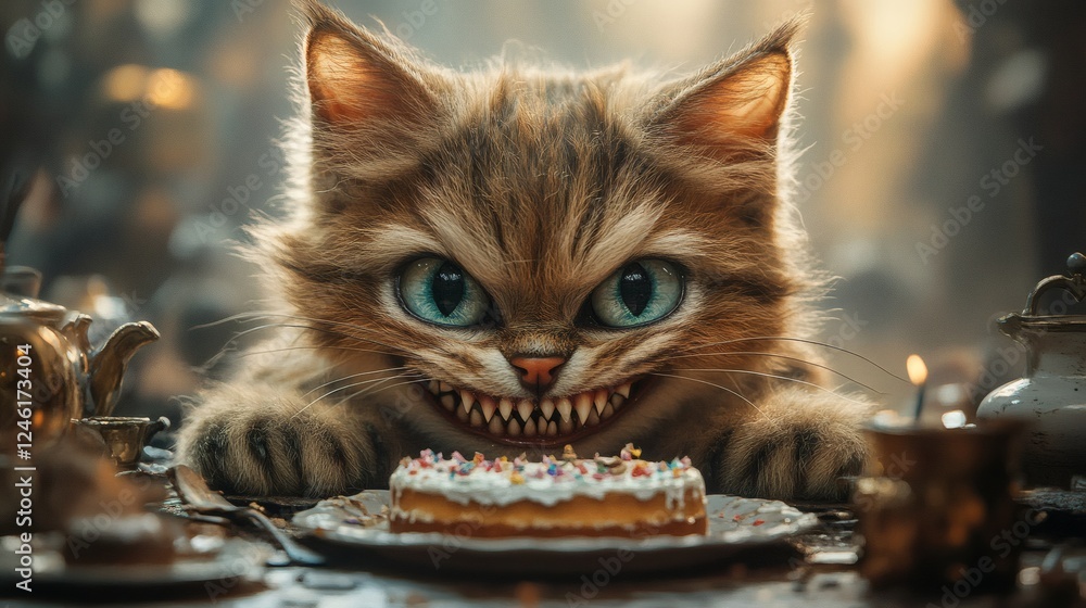 Poster highresolution image of cheshire cat with a sharptoothed grin and a birthday cake in low light close