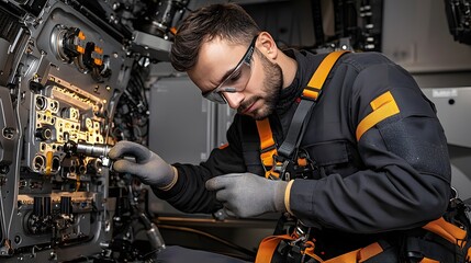 Wind Turbine Maintenance Expert Dressed in Complete Personal Protective Equipment and Safety Harness Adjusting Lubrication Systems on Wind Turbine at Sunset with Soft Golden Lighting