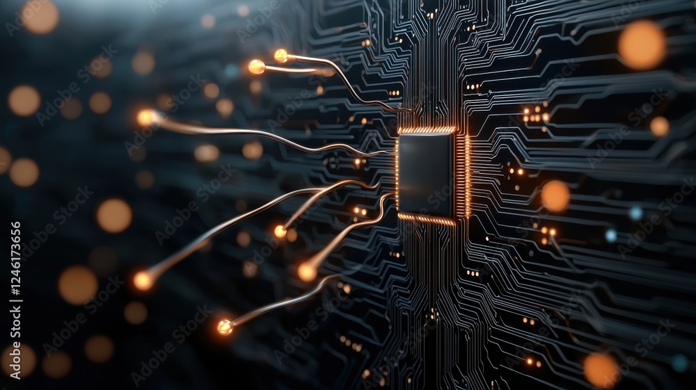 Poster a close-up of a microchip on a circuit board, illuminated by glowing connections, showcasing advance