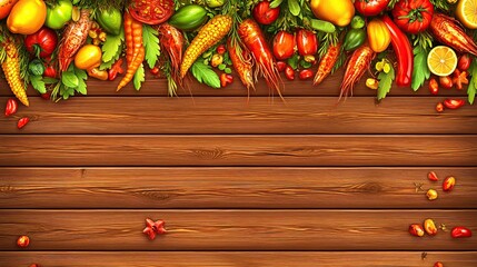 Fresh vibrant produce border on wood background for menu design