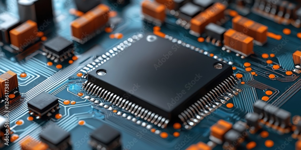 Poster a close-up view of a microchip on a circuit board, showcasing intricate details and connections typi