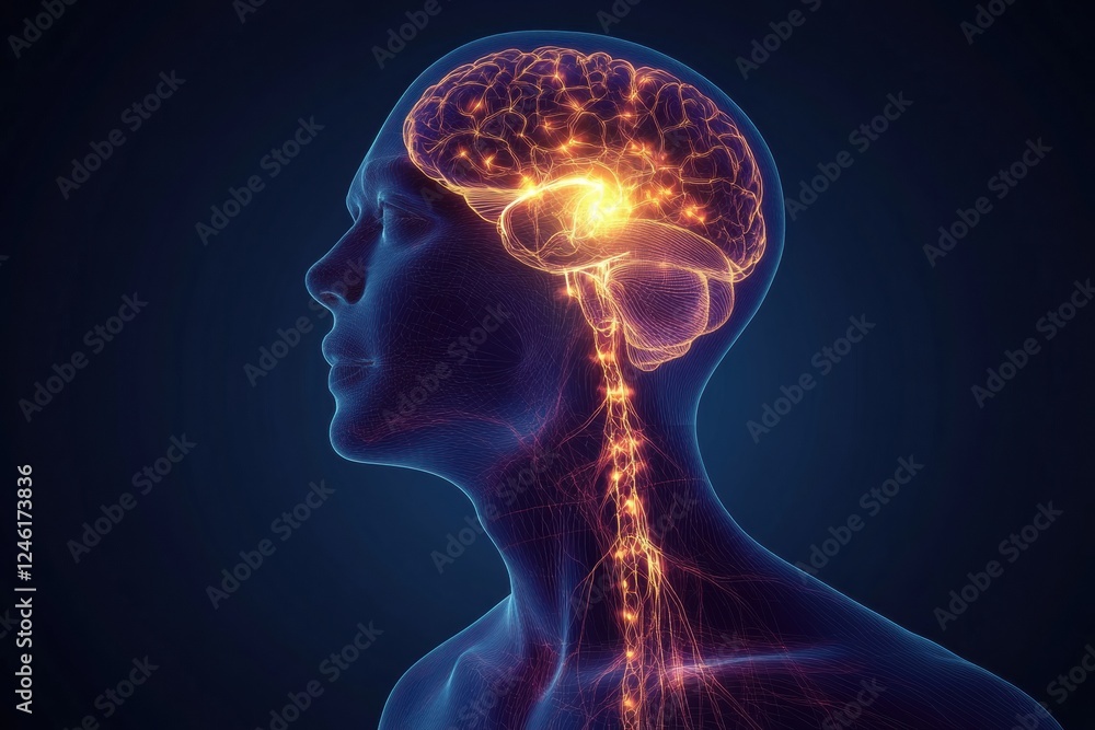 Aufkleber detailed scientific illustration of brain and nervous system with glowing neuron pathways and electr