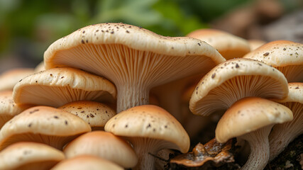 Fresh oyster mushrooms as background, macro view. Generative AI