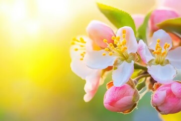 Obraz premium Delicate apple blossoms in soft pink hues, radiating beauty under morning sunlight, fresh buds contrast with vibrant green leaves, creating a serene spring atmosphere, floral beauty concept