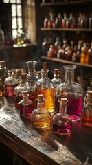 Colorful Vintage Apothecary Bottles with Elixirs in a Rustic Setting