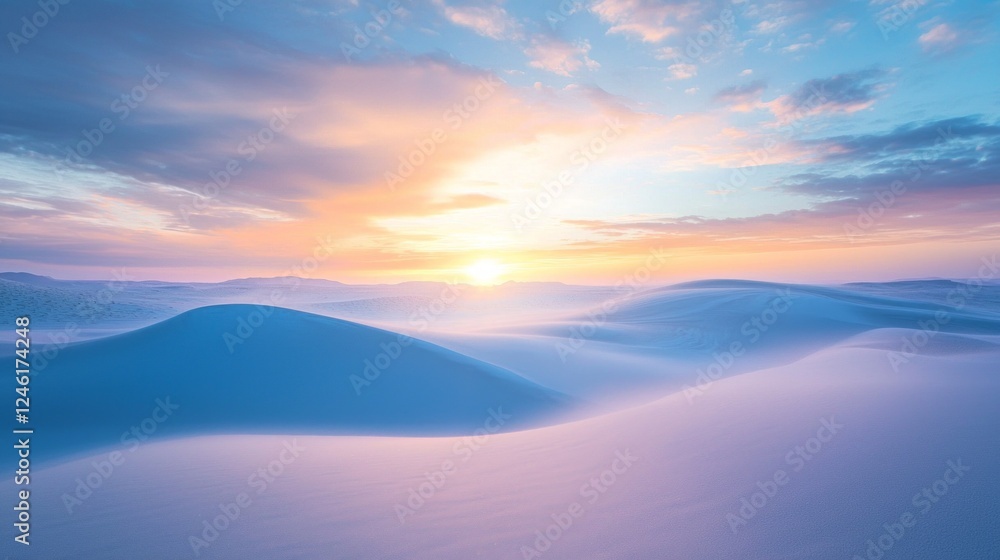 Poster snow-laden dunes stretch across the horizon, smoothly undulating under the pastel hues of dawn. the 