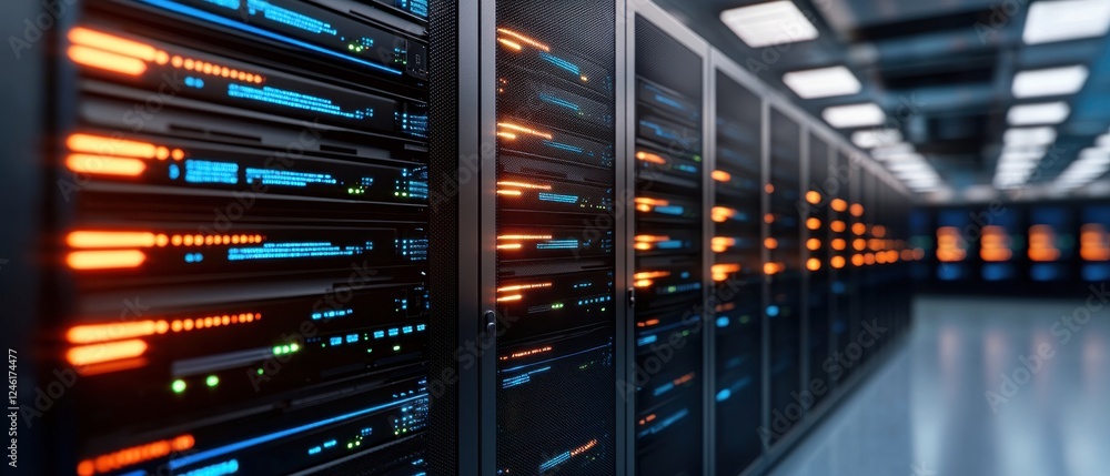 Poster a high-tech server room featuring rows of servers with glowing lights, showcasing advanced technolog