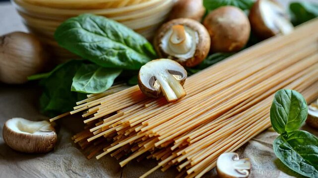 Spaghetti with Mushrooms and Spinach: A rustic close-up shot showcasing a bundle of whole wheat spaghetti, accompanied by fresh spinach leaves and cremini mushrooms.
