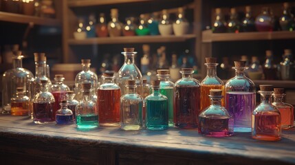Colorful Glass Potion Bottles on Antique Wooden Table in Studio