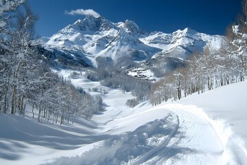 Snow-Covered Mountain Landscape for Winter Adventure and Tranquil Scene Design