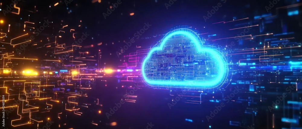 Poster digital cloud technology with data flow in a futuristic setting