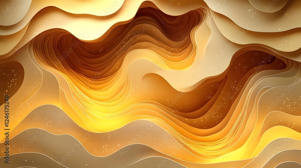 Poster a mesmerizing abstract design featuring flowing waves in warm golden and beige tones, creating an in
