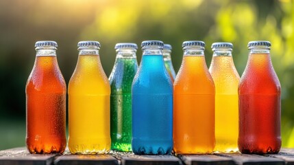 A set of colorful soda bottles displayed on a picnic table, with a background of a green field