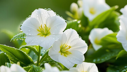 Fototapeta premium Close up of Dew Kissed White Flowers Blooming in Lush Garden Nature Photography