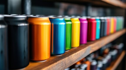 A set of craft beers in colorful cans, displayed neatly on a wooden shelf with soft natural lighting