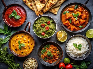 A low-light Indian feast: Chicken Tikka Masala, Palak Paneer, and Saffron Rice.