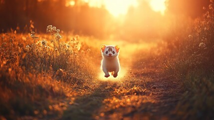 Sunset field, playful kitten leaps, golden hour, wildlife