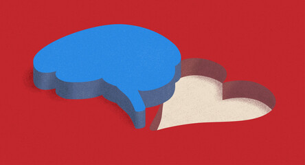 Heart and mind, illustrated by brain shaped block lying near heart shaped hole, implying disagreement between heart and mind.