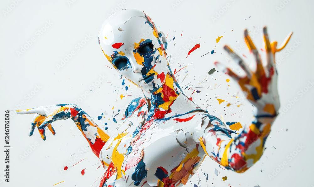 Aufkleber mannequin covered in vibrant splashes of paint poses dynamically, illustrating chaos and creativity.