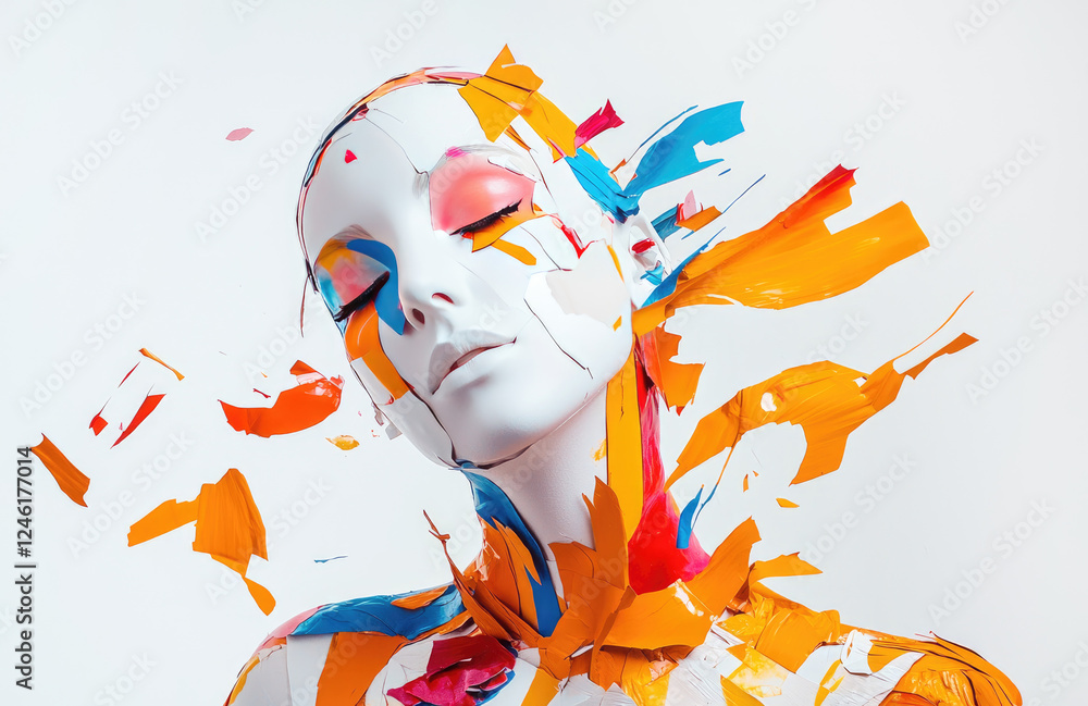 Poster mannequin like figure with fragmented colorful paint strokes creates sense of chaos and vibrancy. ab